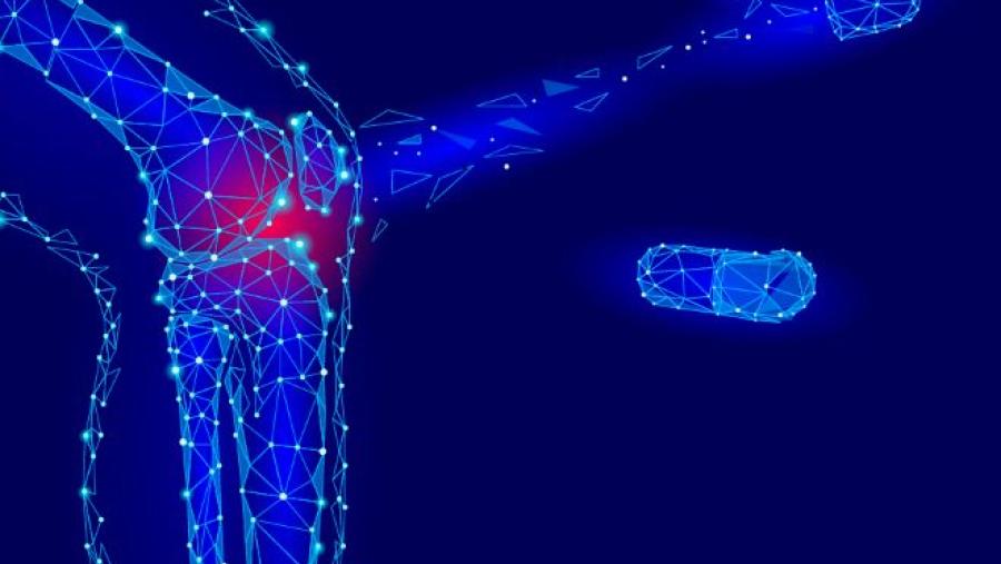 Human knee joint 3d model vector illustration. Low poly design future technology cure pain treatment. Blue background and red injury man body leg medicine drug capsule marketing banner template art.