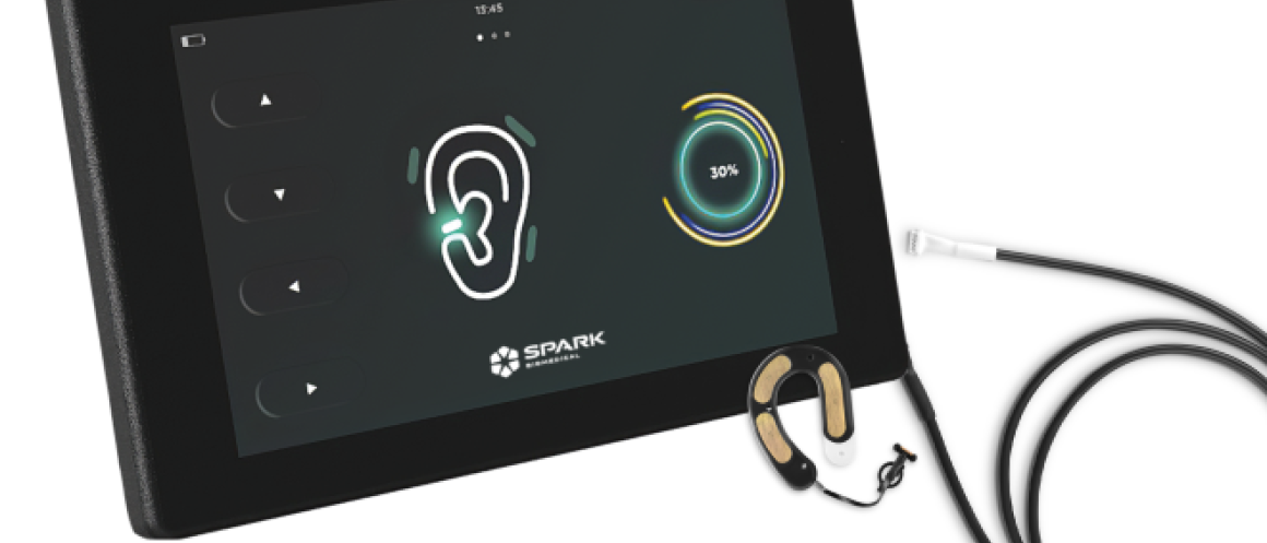 spark medical device with tablet screen showing drawing of each and 30% status
